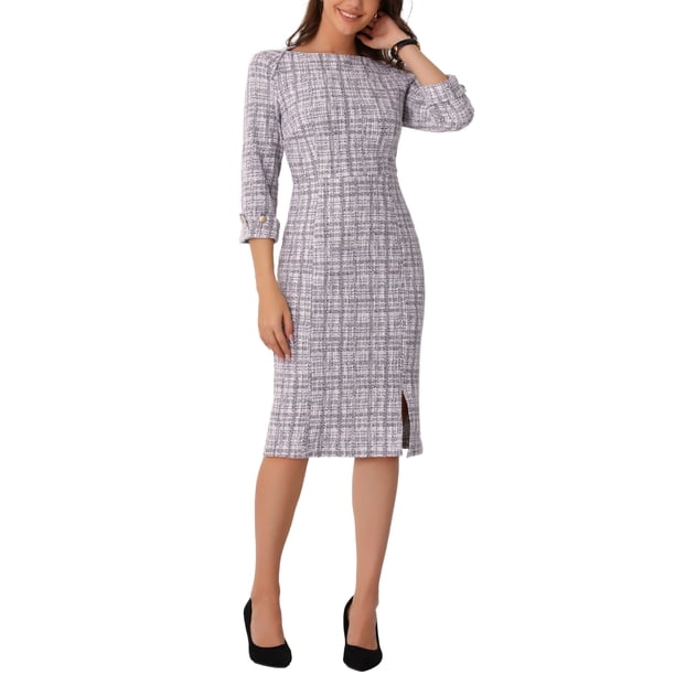 Vestido de trabajo de mujer Inspire Chic de tweed, cuello barco, manga 3/4, largo hasta la rodilla, blanco y púrpura
