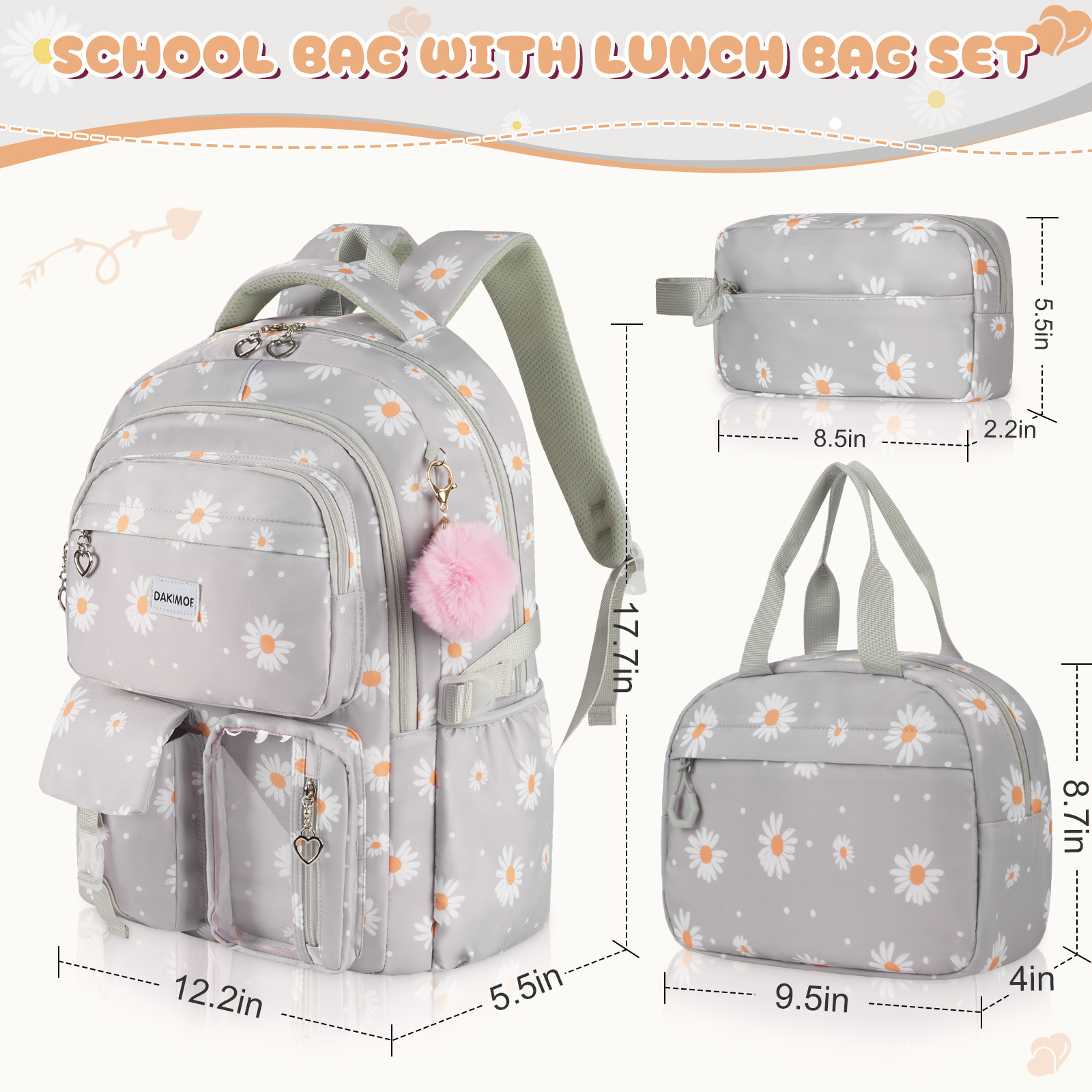 Set de mochila escolar linda DAKIMOE resistente al agua y duradera, 3 en 1, para viaje y uso diario 2