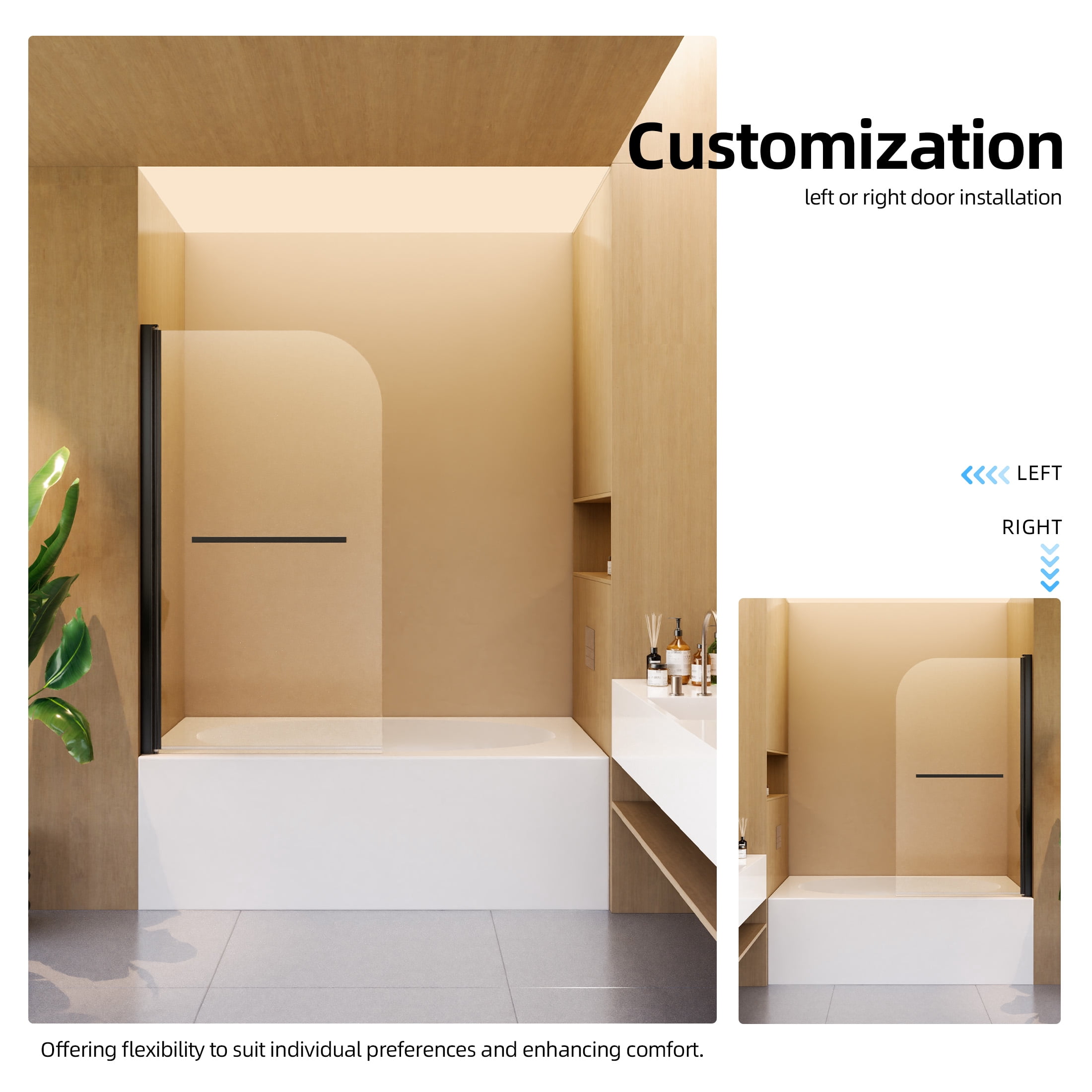 Aukfa 31"W x 55"H Bathtub Shower Doors, 1/4" (6mm) Thick SGCC Tempered Glass Bathtub Door, Black