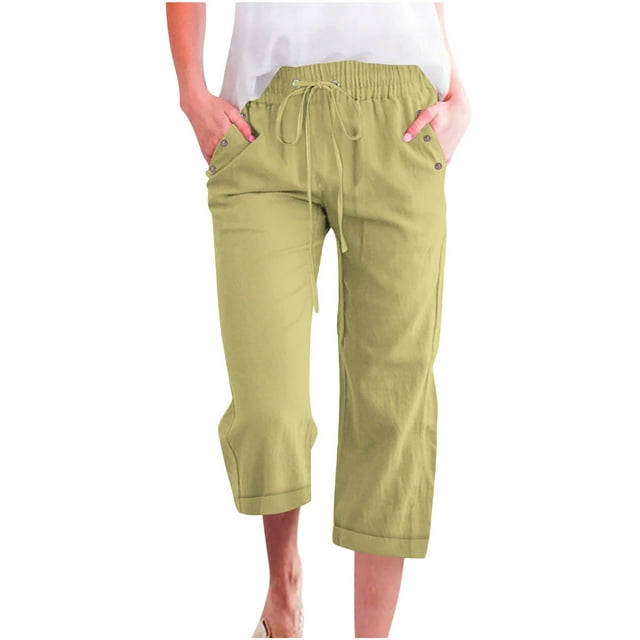 hotojiny Plus Size Spring Clothes for Women Lightweight Cotton Linen Capris Drawstring Elastic Waist Cropped Pants with Pockets