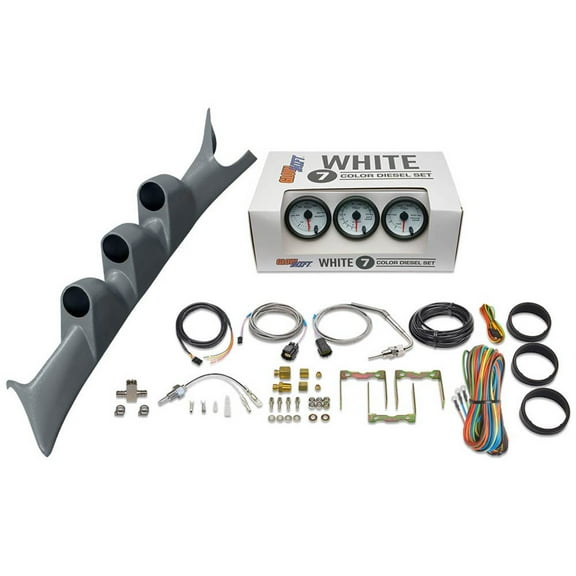 GlowShift | 1999-2007 Ford Super Duty 6.0 Powerstroke & 7.3 Powerstroke Gray Triple Pillar Pod with White 7 Color Series 60 PSI Boost Gauge, 1500 Pyrometer EGT Gauge & Trans Temp Gauge
