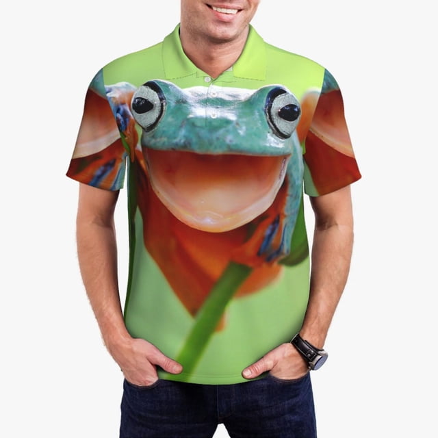 Fotbe Flying Frog On Branch Camiseta Polo de Golf para Hombre con Estampado – Camisa Deportiva Transpirable con Cuello Abotonado-Large