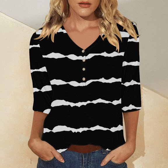 Tittly T Shirts for Women Graphic Tees Women's Casual 3/4 Sleeve T Shirts V Neck Tunic Tops Cute Tees Blouses Loose Fit Business Work Tee Top Tshirts Shirts Spring Tops for Women Black L