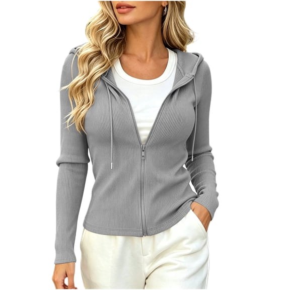 Hurxie Women's Cropped Zip up Hoodies Long Sleeve Fitted Sweater Pullover Ribbed Knit Casual Trendy Fall Y2k Cardigans Gray,XL