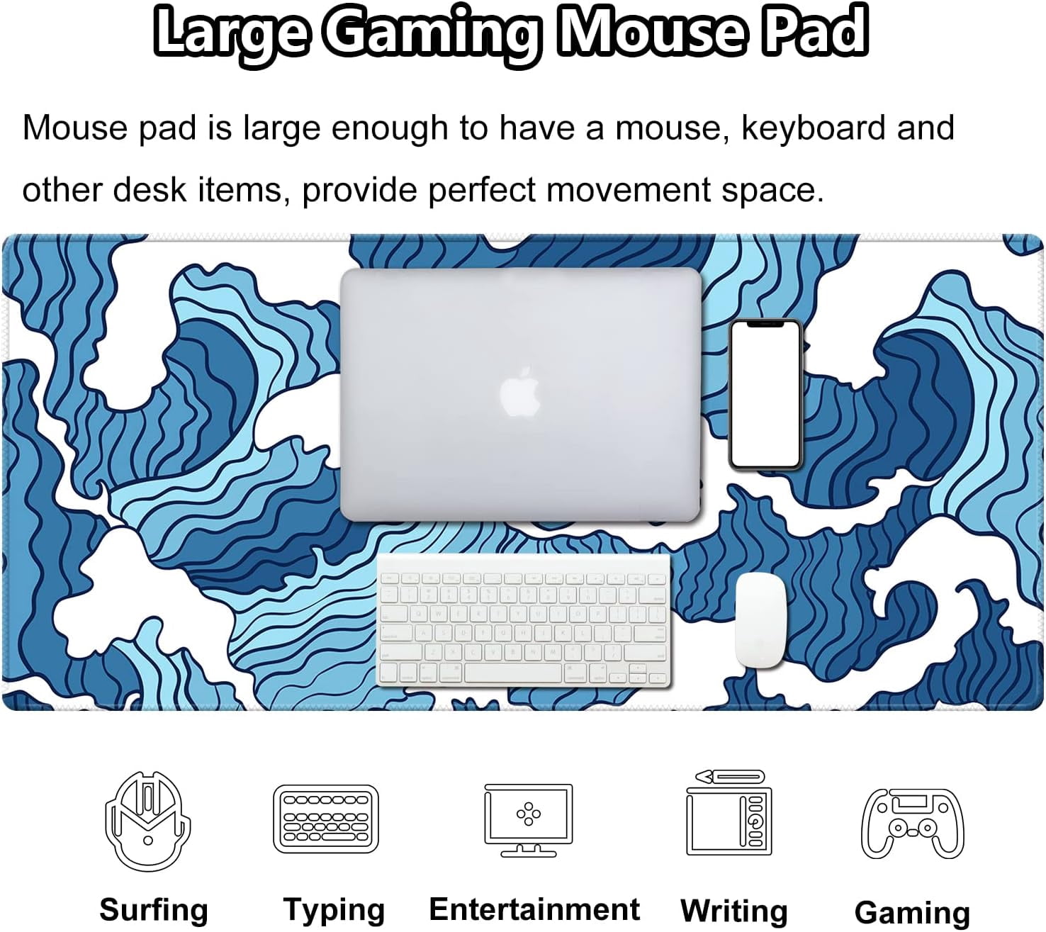 Blue Wave Large Gaming Mouse Pad (35.4×15.7 in, 3mm Thick), Non-Slip Rubber Base and Reinforced Lock Edges, XXL Extended Mousepad for Work, Game, Desk mat, Desktop Decoration