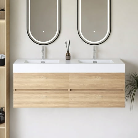 60" Wall Mounted Floating Bathroom Vanity in Oak with White Quartz Sink