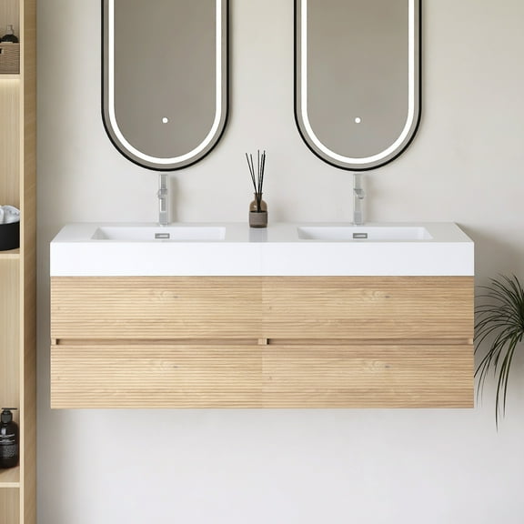 60" Wall Mounted Floating Bathroom Vanity in Oak with White Quartz Sink