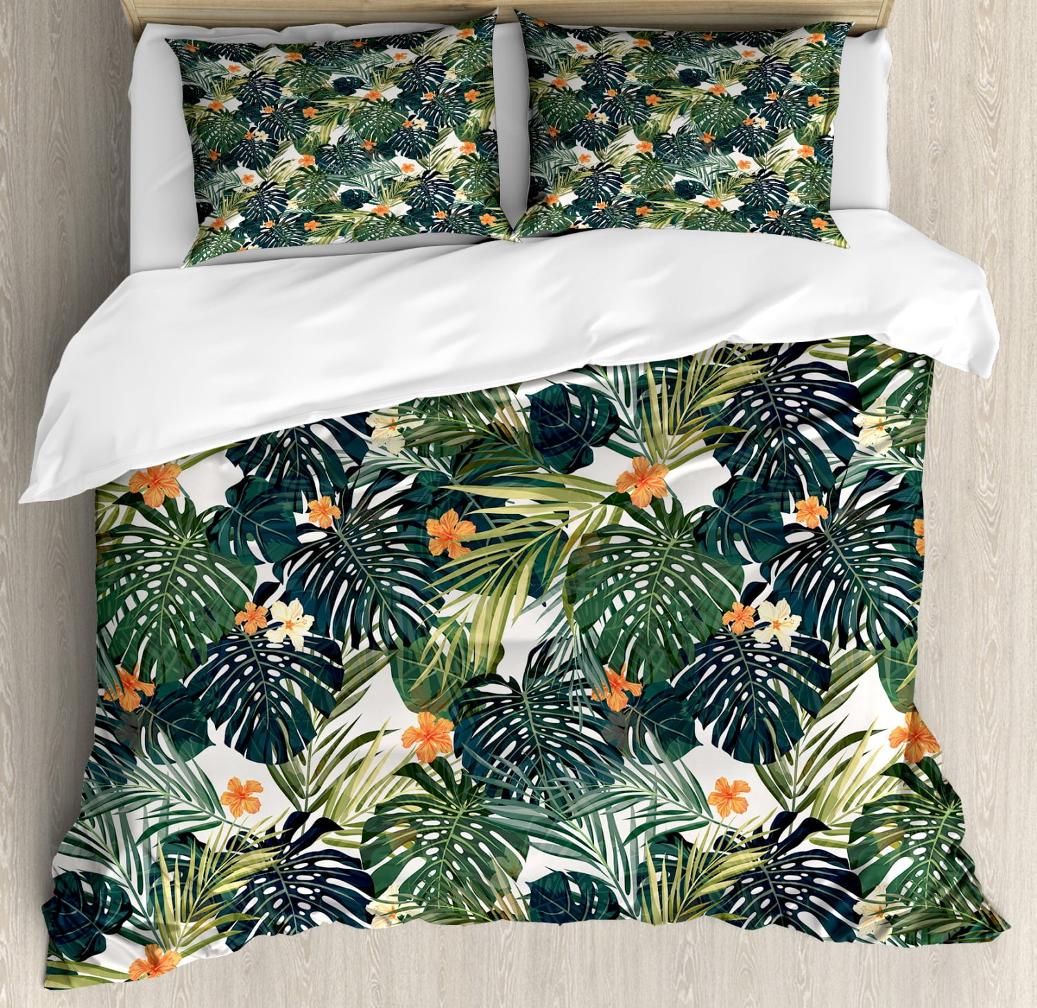 Floral Duvet Cover Set, Botanic Tropic Leaves and Flowers Hawaiian