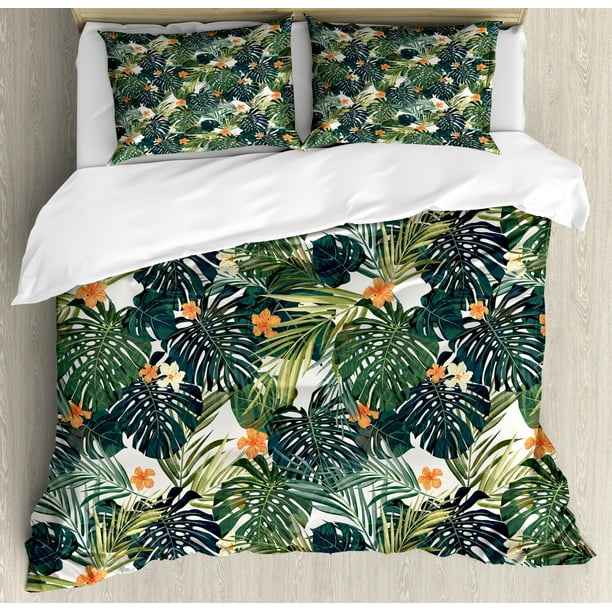 Floral Duvet Cover Set, Botanic Tropic Leaves and Flowers Hawaiian