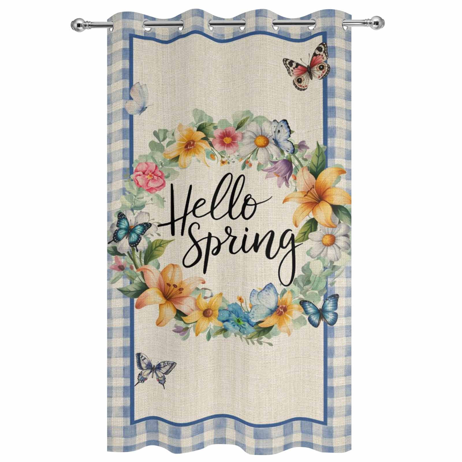 Outdoor Curtains for Patio Waterproof, Hello Spring Windproof Pravicy Outside Porch Blackout Curtain, Farmhouse Floral Eucalyptus Wood Plaid Burlap Sun Blocking Grommets Curtains for Cabana 54"x108"