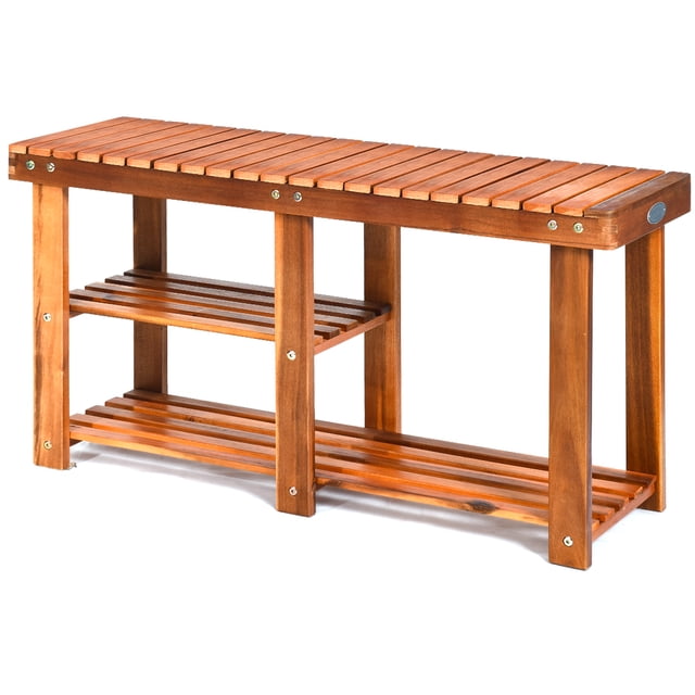 Costway Zapatero Banco de 3 Niveles, Organizador con Asiento, Zapatero para Botas, Madera de Acacia, Soporta hasta 159 kg, Mueble Multifunción para Pasillo, Baño, Salón, Pasillo Jardín (Teca)