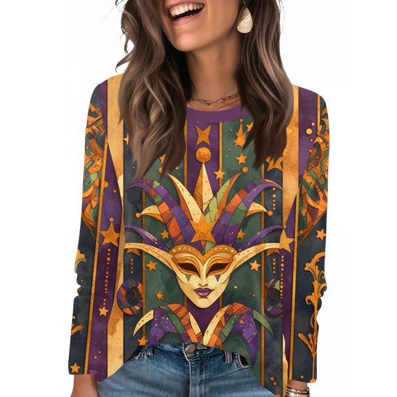 Fgvctg Mardi Gras Long Sleeve Womens Tops Dressy Casual Crewneck Shirts Trendy Carnival Party Pullover Top Oversized Mask Print Celebration Blouse Army Green 2XL