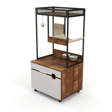 Hidden Cat Litter Box Enclosures with Cat Tree Tower,Cat Furniture with Scratching Pads and Large Storage Space,Industrial Cat Cabinet with Shelves and Doors,Rustic Brown