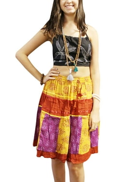 Mogul Women's Boho Skirts Bohemian Beautiful Floral Gypsy Hippie Chic Yellow Red Cotton Tiered Mini Skirts SML