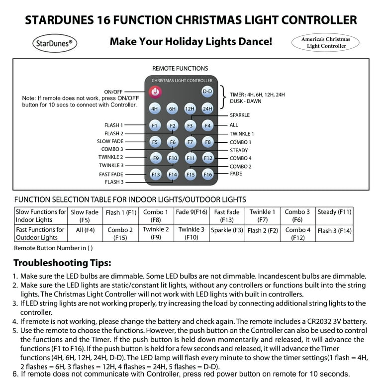 StarDunes Christmas Light Controller, 16 Flash/Fade Functions, 5 Timer Functions
