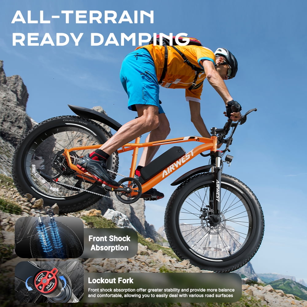 AIRWEST Men's Electric Mountain Bike, 26″ Fat Tire Electric Bike, Peak 750W Motor 48V 13Ah Removable Battery, 7-Speed, All-Terrain E-Bike, Max Speed 25MPH (40KMH), UL2849