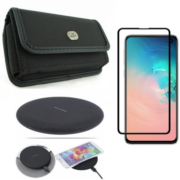 Rugged Case Belt Clip w Fast Wireless Charger w Tempered Glass Screen Protector for Samsung Galaxy S10e - Holster Canvas Cover, 7.5W and 10W Charging Pad Slim, 5D Curved Edge Full Cover X5V