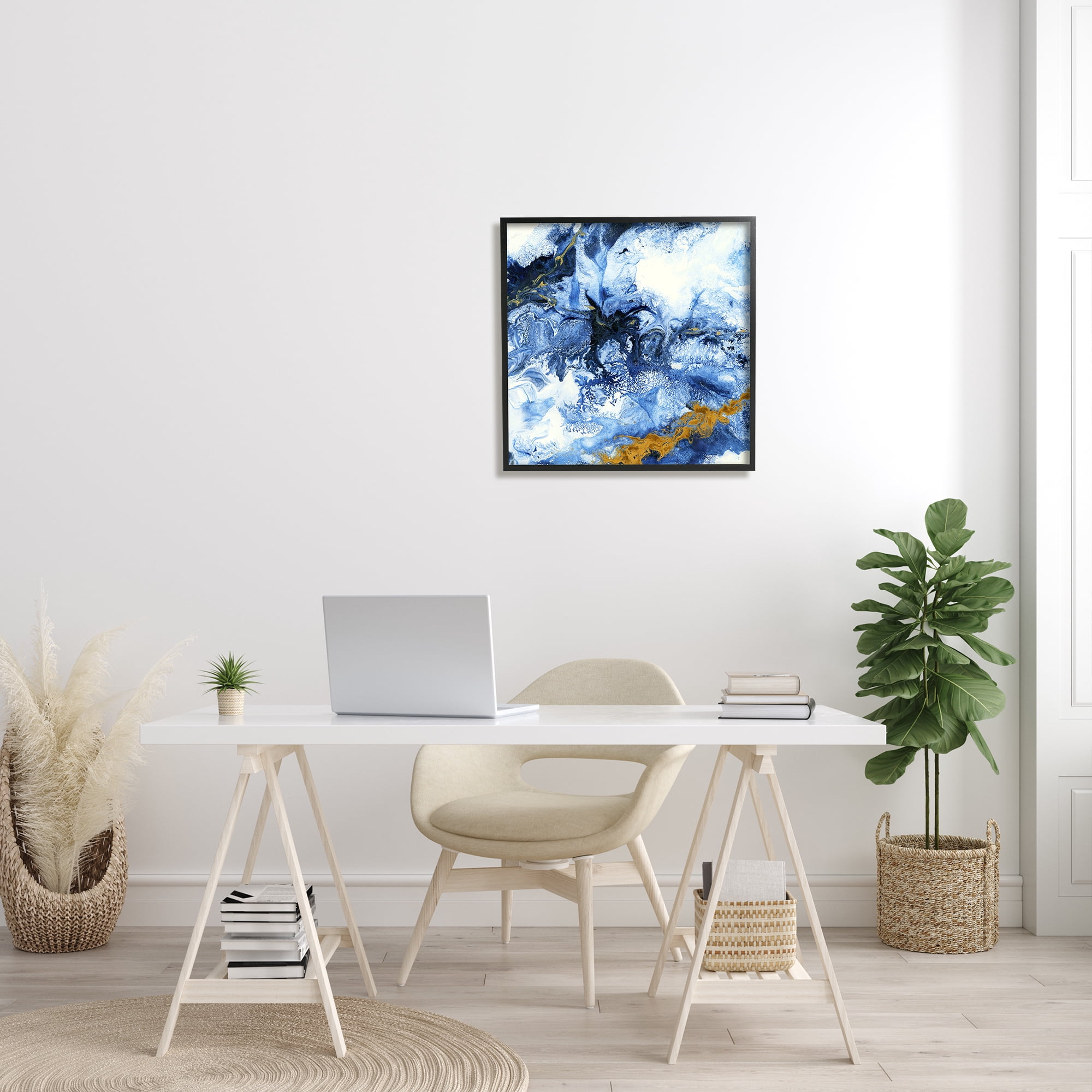 Stupell Industries Water Movement Abstraction Fluid Yellow Blue Design Abstract Painting Black Framed Art Print Wall Art, 24 x 24