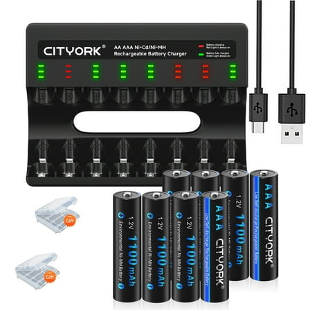 CITYORK 8 Pack AAA 1100mAh Batteries with High Capacity Low Self Discharge 1.2V Ni-MH Rechargeable Batteries with 8 slot AA AAA LCD Smart 1.2v NiMH/NiCd Charger,Fast Charger