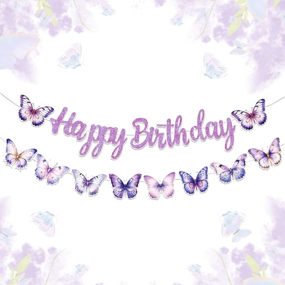 Purple Butterfly Happy Birthday Banner Set - Sparkling Letters & Gradient Butterfly Decorations for Romantic Party Decor