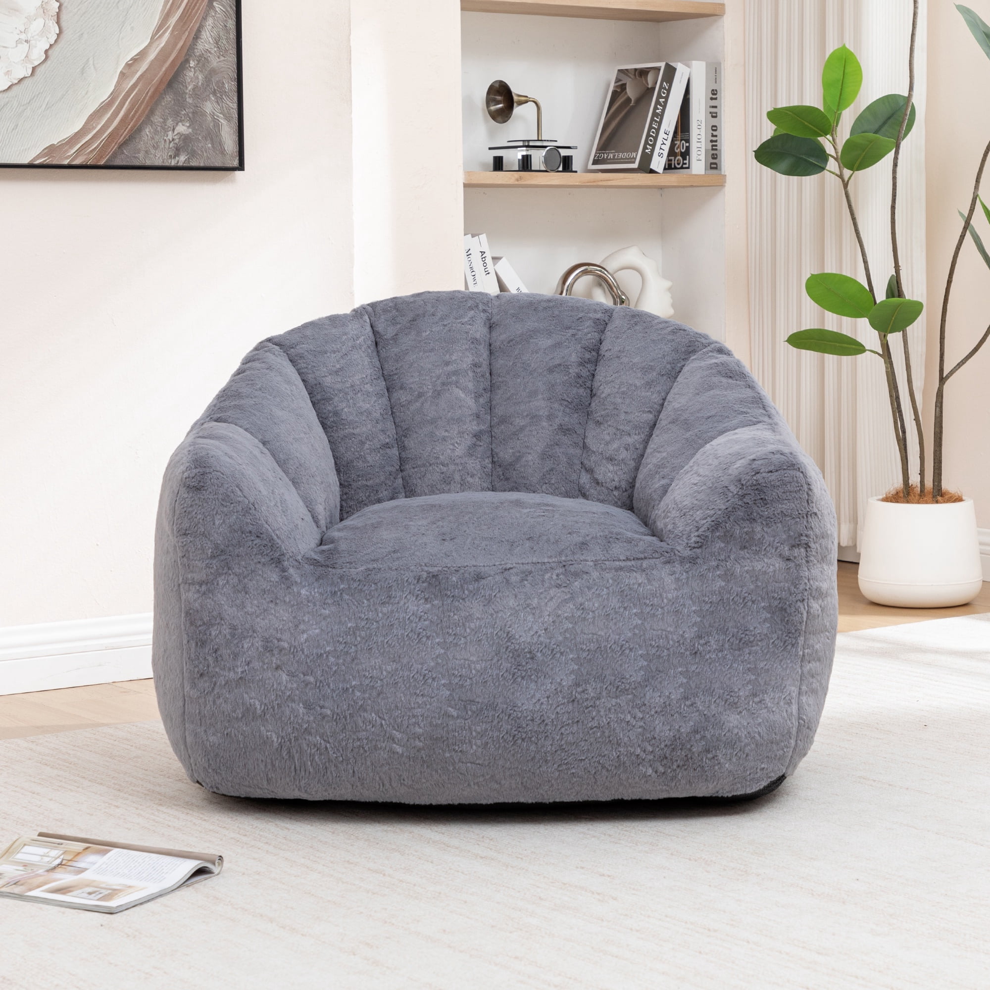 PAPROOS Oversized Bean Bag Chair for Adults, Gray Faux Fur Memory Foam Bean Bag Sofa, Pre-Filled Comfy Lazy Sofa Chair with Removable Cover for Living Room Bedroom Dorm