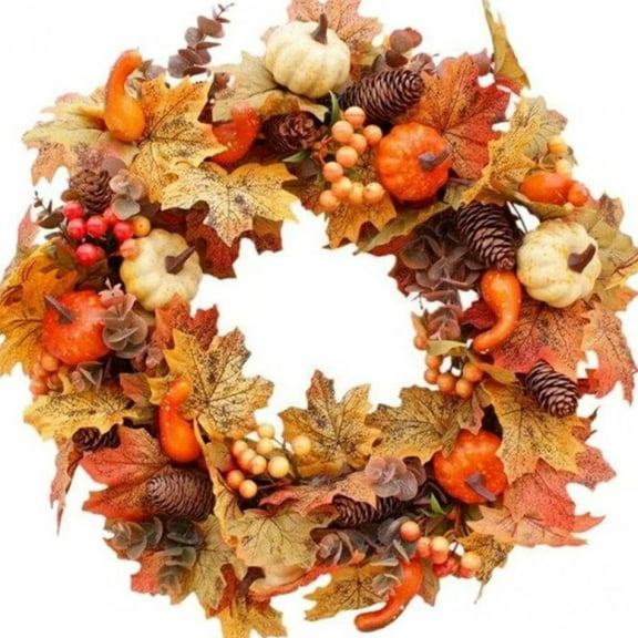 Autumn Door Wreath Artificial Pumpkins Pinecones Berry Maple Leaves Garland for Halloween Thanksgiving Party Decor