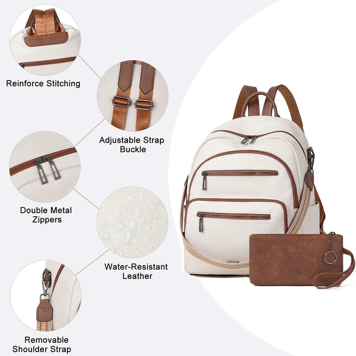 Backpack Purse for Women, Leather Vegan Ladies Fashion Designer Rucksack Convertible Travel Shoulder Bag Teacher College Daypack Work Handbag fits 14" Laptop-Beige