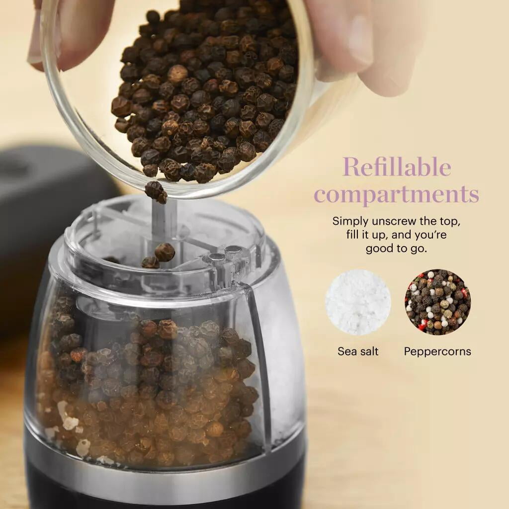 Electric Salt and Pepper Grinder Mill 2 in 1 - USB-C Rechargeable with Adjustable Coarseness, All in One Ceramic grinder with LED Light, One-Handed Operation, Refillable Compartments, Black