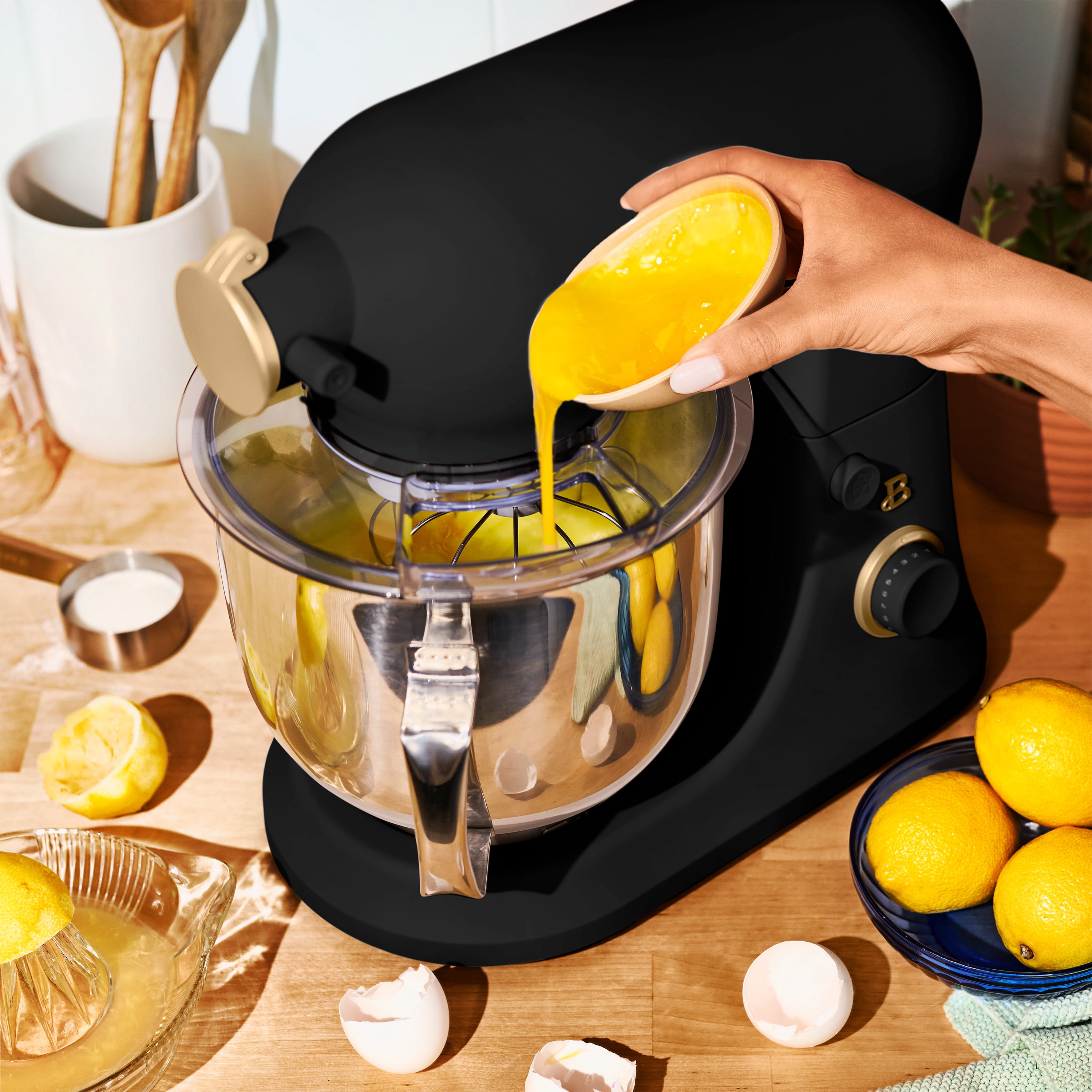 Beautiful 6 Qt Tilt-Head Stand Mixer with Dough Hook, Flat Beater, Balloon Whisk, Pastry Beater & Slicer/Shredder Set, Black Sesame by Drew Barrymore