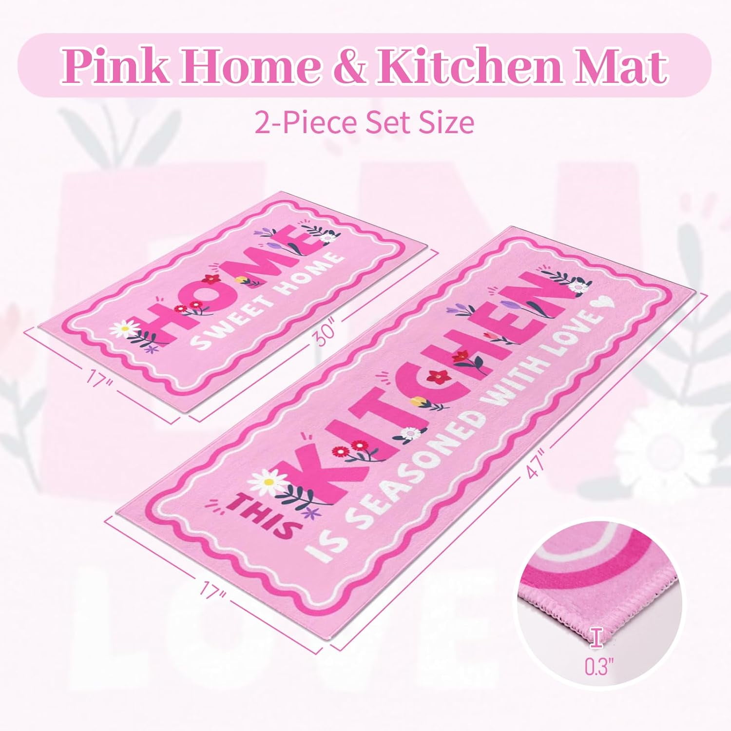 Flower Pink Kitchen Mats for Floor Set of 2, Flower Floor Mat Carpet Runner Area Rug Washable, Pink Home Kitchen Decor and Accessories Stuff, 17x30 and 17x47 Inch