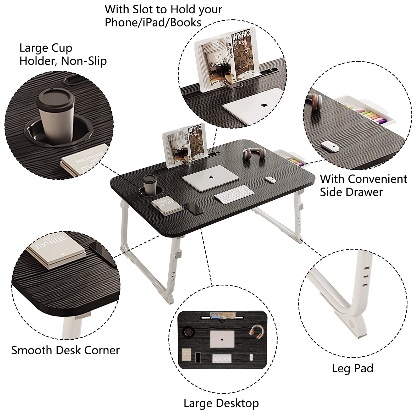 Yoneston Folding Laptop Bed Table, 23.6inch Portable Bed Tray Height Adjustable Laptop Desk with iPad Slots, Drawer and Cup Holder for Working Reading Writing, Eating, Watching-Black