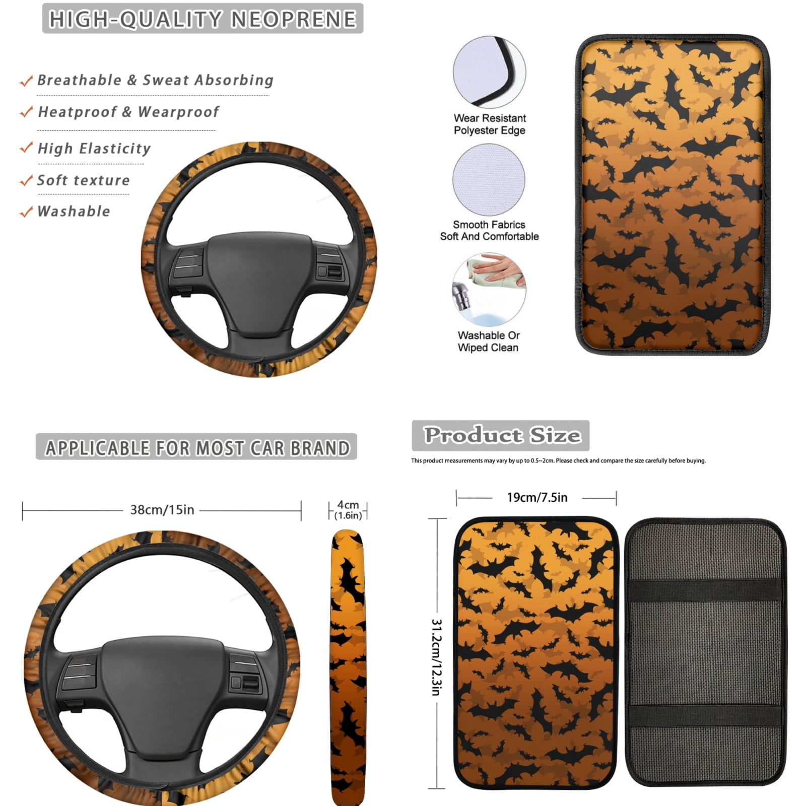 Jeiento Bats Car Seat Cover Set Non Slip Car Floor Mats Steering Wheel Cover Seatbelt Cover Keychains Armrest Cover Keychain Lipstick Holder Yellow 17 Pieces Auto Interior Accessories for Women Men