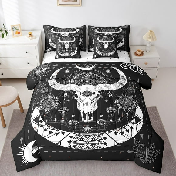 Boho Bull Skull Comforter Set King 7-Piece for Boys Girls Sun And Moon Decor Sheets Bohemian Exotic Black And White Bed Set with 1 Flat Sheet,1 Fitted Sheet,2 Pillowcases,2 Throw Pillow Covers