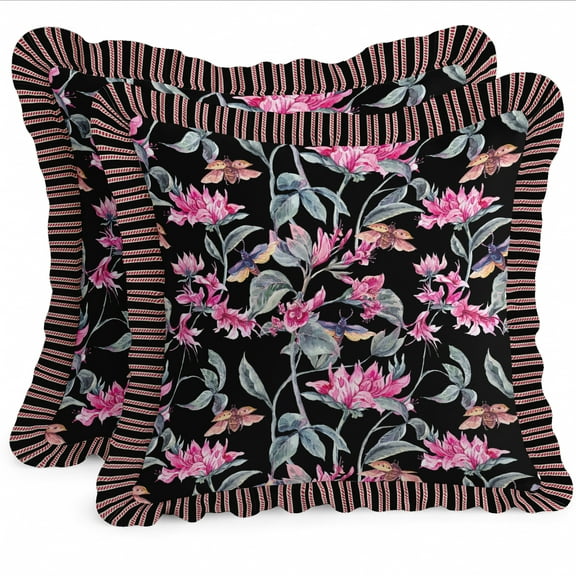 Cotton Twill Frill Cushion Covers by Vargottam - 16 Inch Square, Set of 2, Reversible Print, Farmhouse Throw Pillow Covers with Hidden Zipper - Floral Pattern