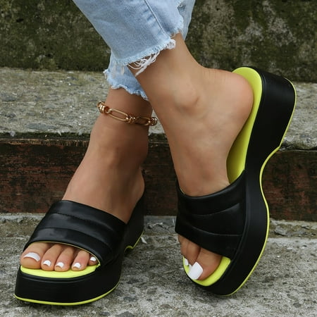 

Ladies Fashion Summer Colorblock Leather Comfort Open Toe Thick Sole Slippers