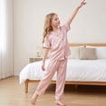 thumbnail image 3 of NIPAXO Girls Pajamas Set Short Sleeve Button-Down Silk Satin Sleepwear with White Piping for Toddler and Kids, 3 of 8