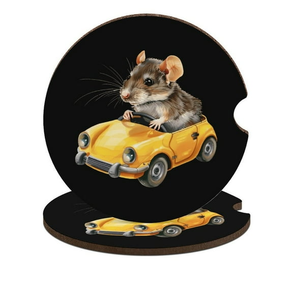 Rat Driving Car Coasters for Drinks with A Finger Notch for Easy Removal Cup Holder Coaster Cup Mat Car Interior Accessories 2PCS