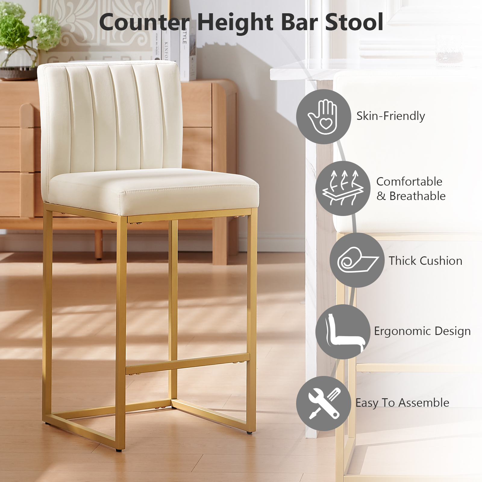 27 Inch Bar Stool, Velvet Counter Height Bar Stools, Set of 4 Bar Chairs with Back and Metal Legs, Kitchen Island Counter Stools for Pub, Dinning Room, Cafes