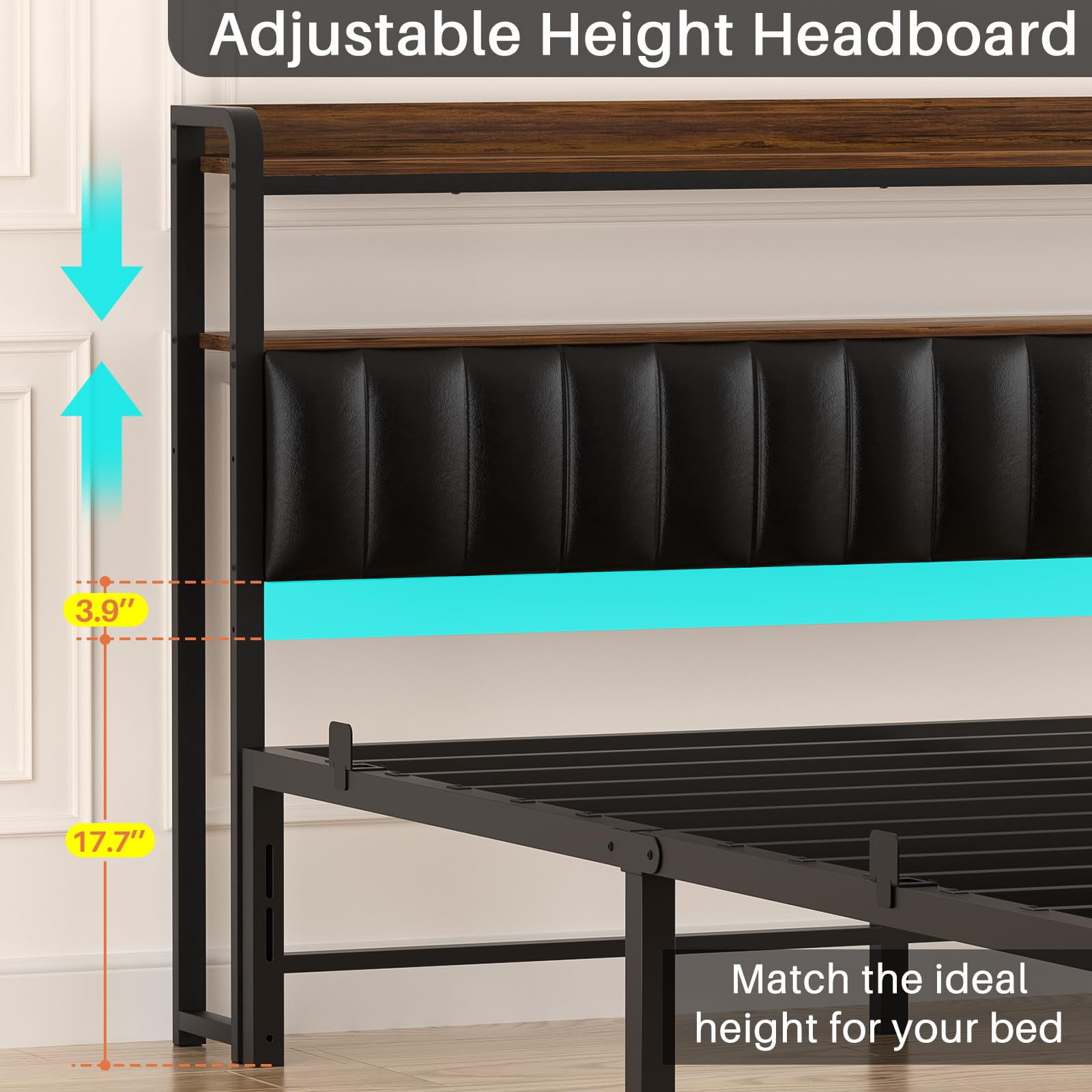 Homieasy Queen Size Bed Frame with Charging Station and LED Lights, Adjustable Upholstered Faux Leather Headboard, Industrial Platform Bed, Steel Slat Support, No Box Spring Needed, Rustic Brown