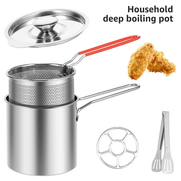 Deep Fryer with Strainer Basket and Handle Stainless Steel Fry Pot Durable Food Grade Outdoor Fryer with Lid Portable Food Cooking Pot for Frying Fish Shrimp Chicken and Fries