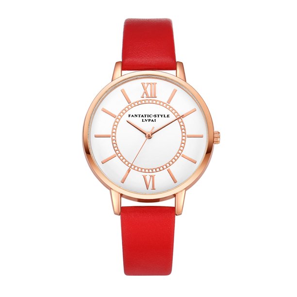 Reloj de pulsera analógico de cuarzo de cuero con números romanos para mujer (rojo)-119537.06 Tmvgtek Para estrenar