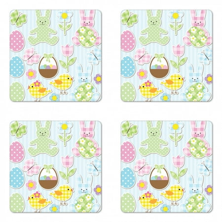 

Easter Coaster Set of 4 Nursery Theme Bunnies and Chicks with Giant Eggs Pastel Colored Holiday Illustration Square Hardboard Gloss Coasters Standard Size Multicolor by Ambesonne
