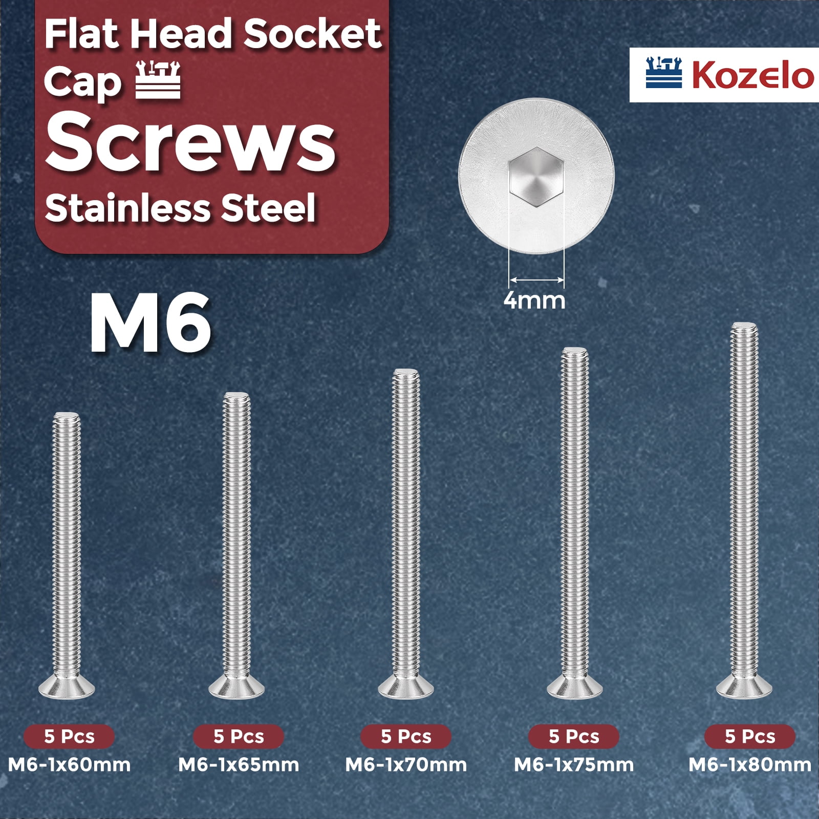 Uxcell 25Pcs Flat Socket Cap Screws - [M6x1x60/65/70/75/80], 304 Stainless Steel 18-8 Countersunk Bolt, Silver, for Automotive, Furniture Repair, Industrial Equipment Fixes