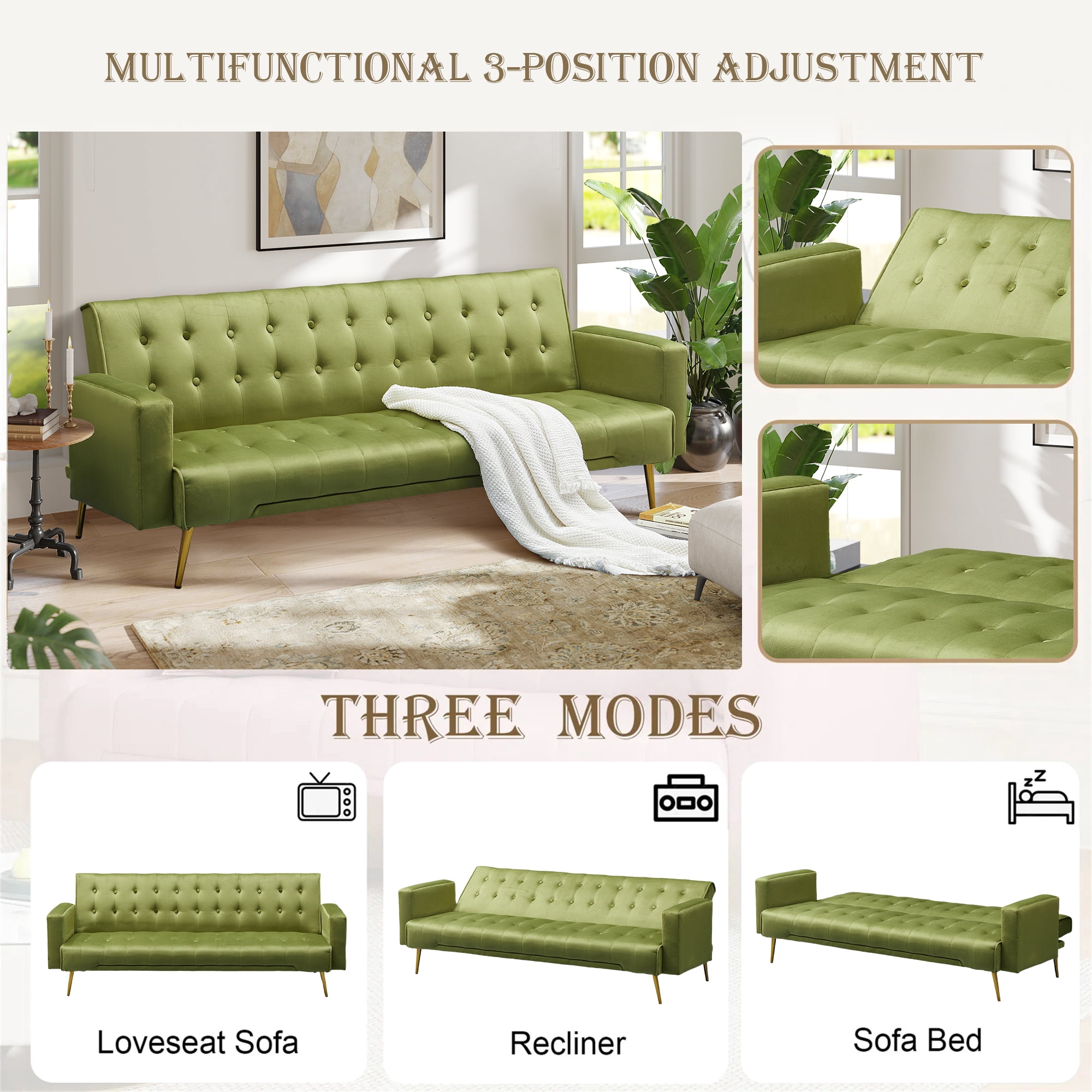 Aukfa 76" Velvet Futon Convertible Sofa Bed, 3 Seat Tufted Couch for Home Office, Army Green