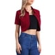 thumbnail image 4 of Chaqueta de mezclilla recortada para mujer con cuello vuelto y mangas cortas, lavada, roja, talla XS, 4 of 6