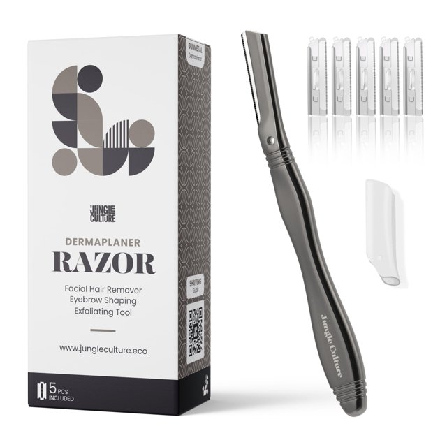 Jungle Culture Dermaplane Razor - Exfoliación y depilación de precisión para dar forma a las cejas para una piel suave y radiante - Maquinilla de afeitar facial Dermaplaning con 5 cuchillas reemplazab