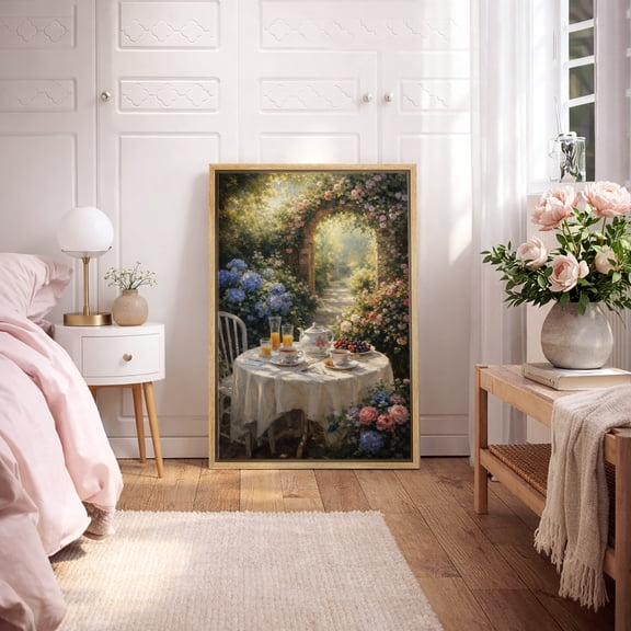 Framed Canvas Wall Art Garden Tea Table Scene Print for Living Room Decoration - 16"x24" NATURAL