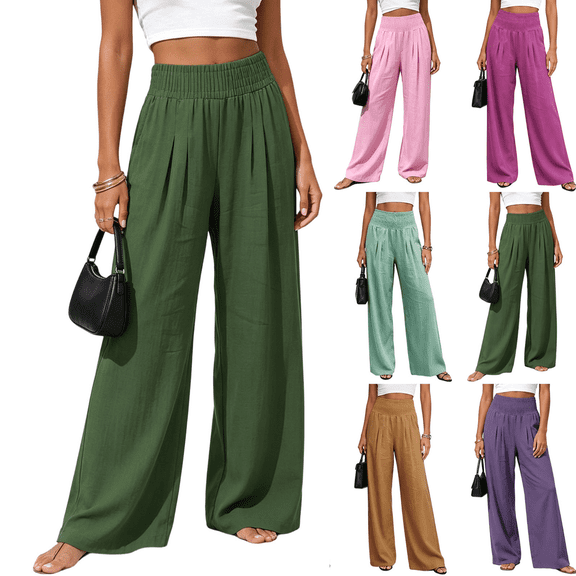 Zeijnsda Womens Casual Pants Summer Lightweight Loose Trousers for Women Fashionable Solid Color Stretch High-waisted Pants Comfortable Wide-leg Trousers