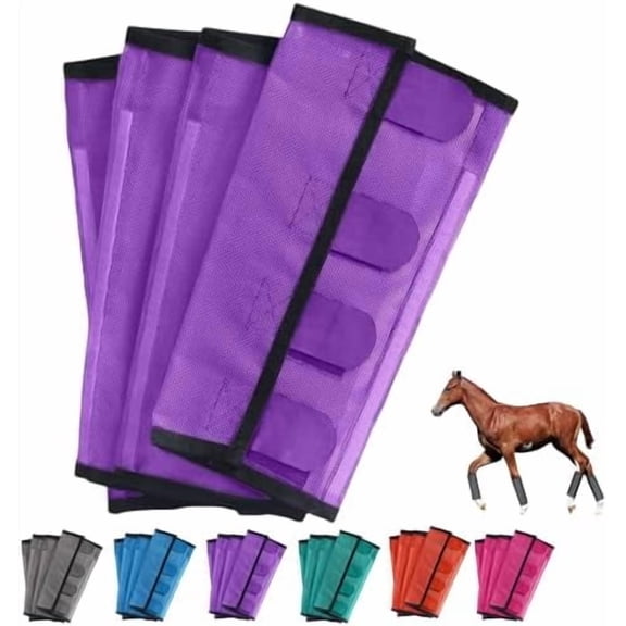 Breathable Mesh Horse Flyproof Leggings, Bites Proof Horse Fly Boots Set of 4, Shoofly Boots Set for Horses with Lightweight Mesh for Adjustable and Universal (Purple)