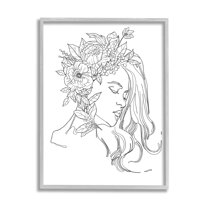 Stupell Industries Woman Face Detailed Blossoming Flowers Line Drawing Graphic Art Gray Framed Art Print Wall Art, Design by Ziwei Li